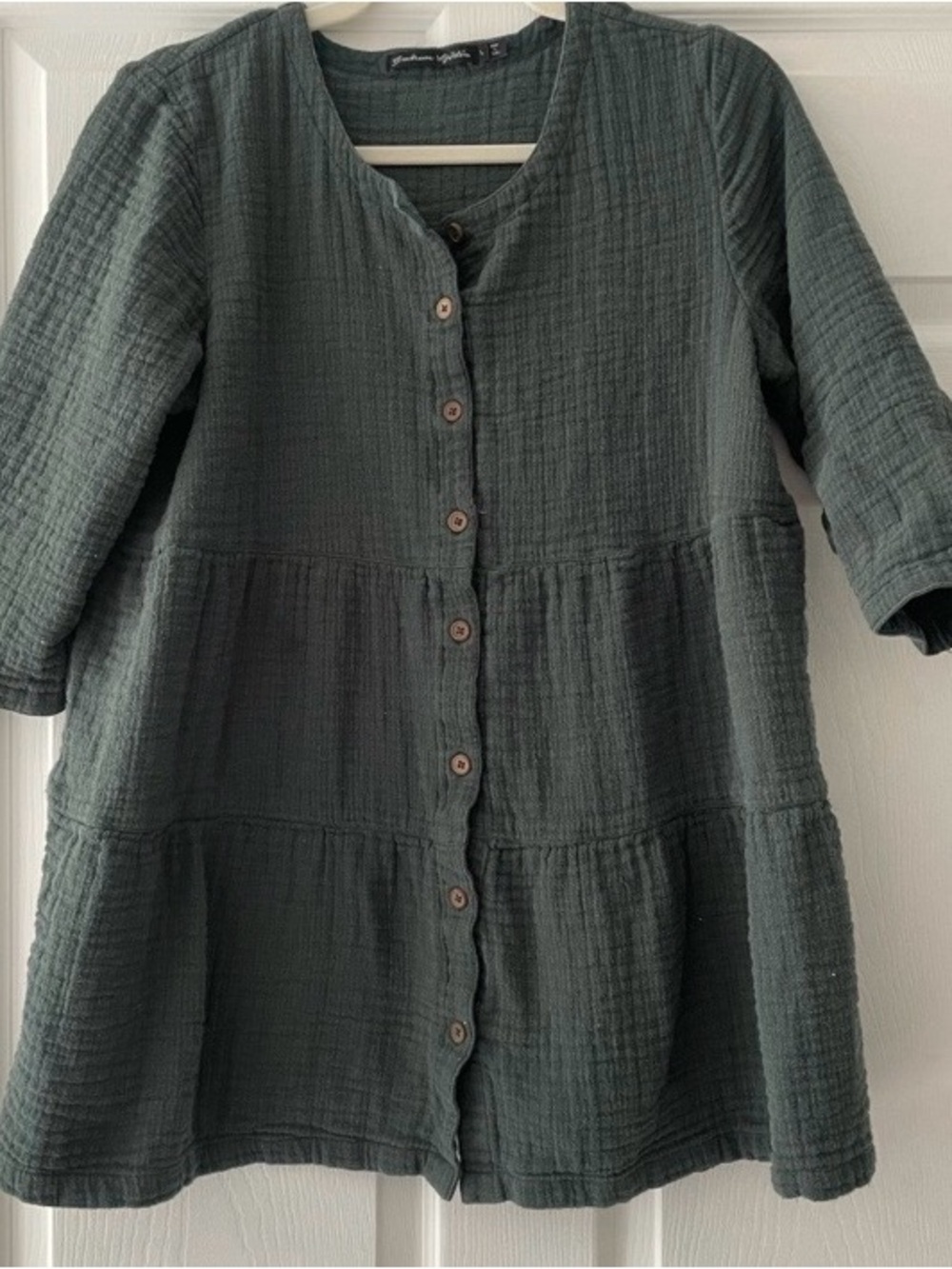 Dark Green Button-Front Gauze Tunic 100% cotton